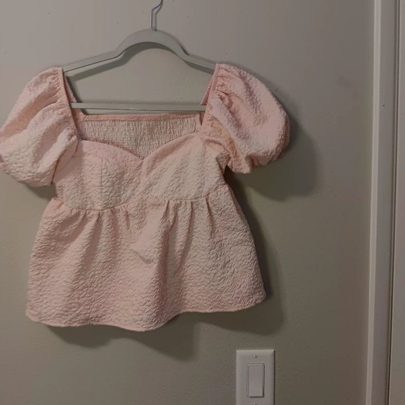 Shein Smocked Puff Sleeve Peplum Top - Light Pink - Picture 11 of 12